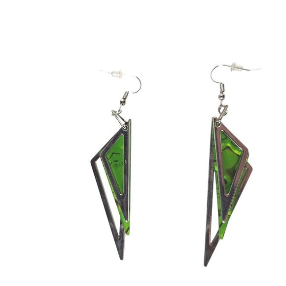 Modern Geometric Green Dangle Earrings Abstract Resin & Metal Triangle Design - Picture 2 of 2